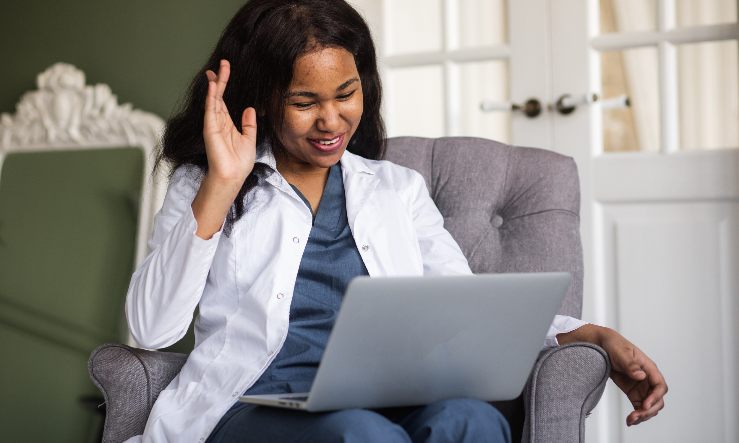 CBT therapist conducting virtual therapy session in NYC, attentive animated illustration