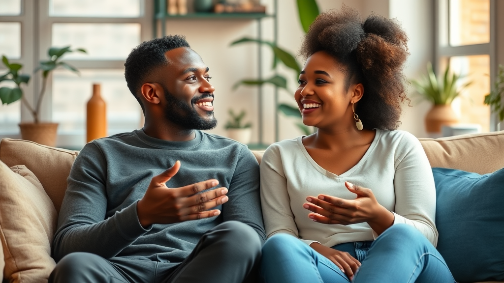 couples therapy Brooklyn diverse couple hopeful expressions therapist cozy Brooklyn apartment