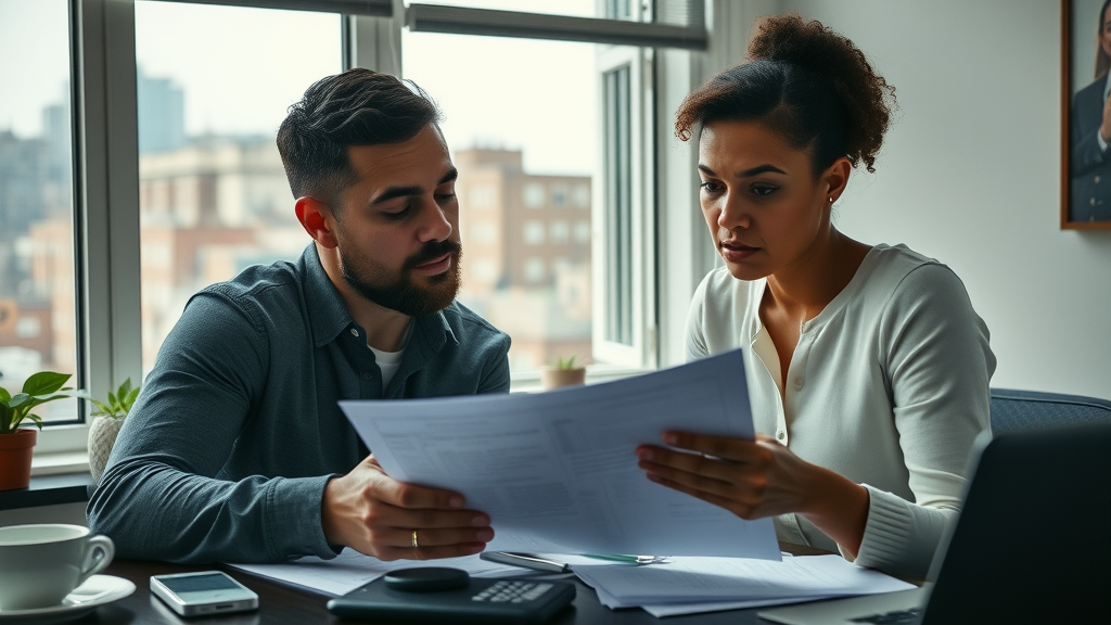 Brooklyn couple reviewing financial documents couples therapy cost home office skyline