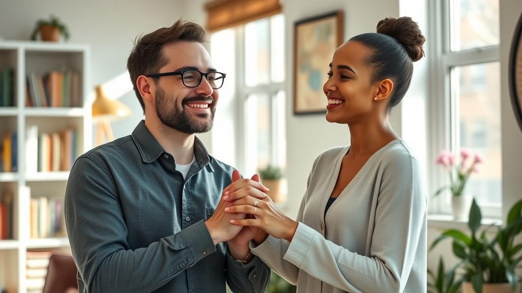 relieved urban couple smiling holding hands successful couples therapy Brooklyn