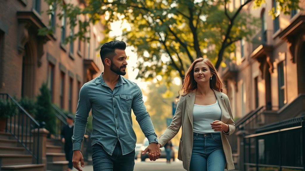 happy couple after relationship counseling brooklyn leaving therapy office urban street brownstones hopeful moving forward