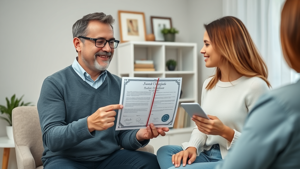 couples therapist brooklyn - professional therapist holding credentials and explaining to couple, highly detailed office, diplomas on wall, shot with 70mm lens