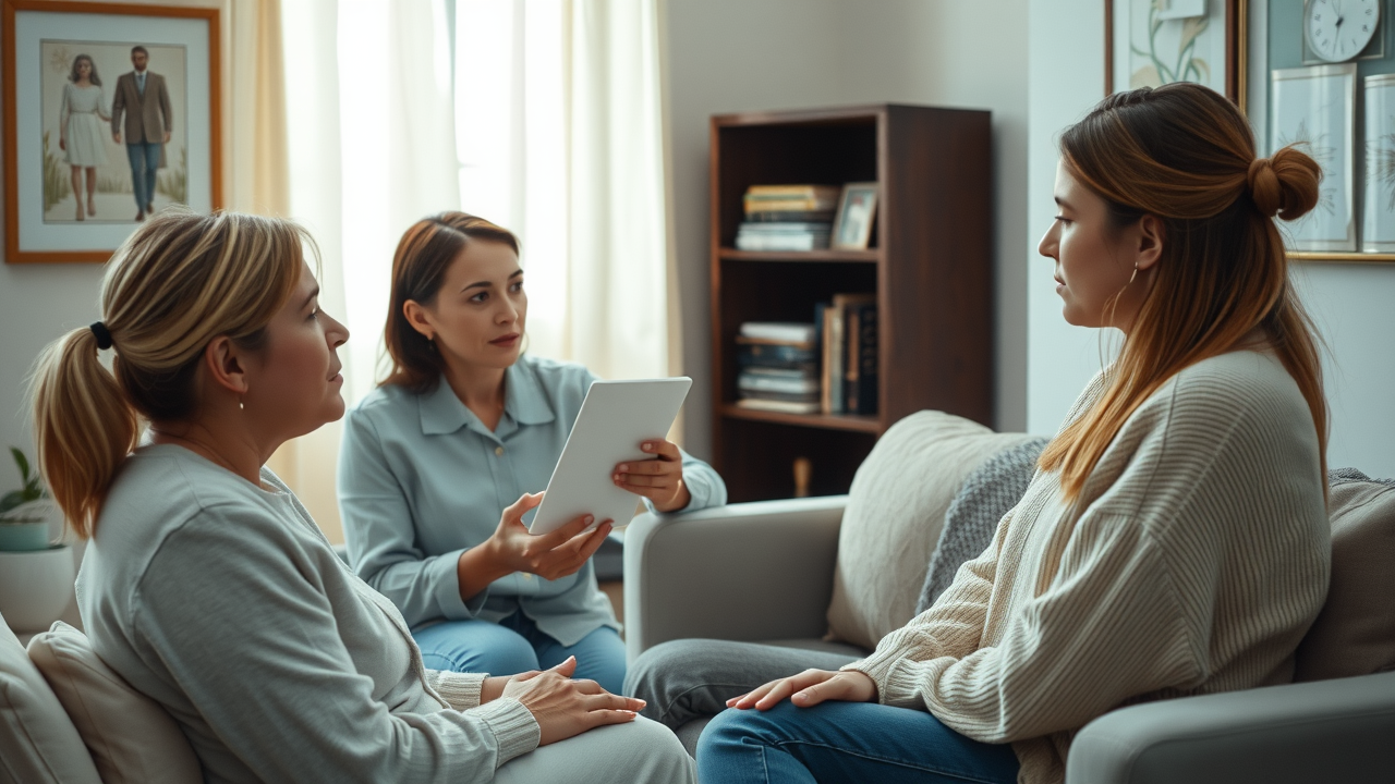 mental health in couples therapy brooklyn - gentle therapist talking to one partner as the other listens, supportive atmosphere, harmonious therapy room, shot with 35mm lens