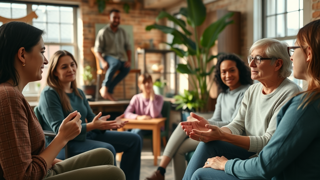 therapy group brooklyn - friendly group couples therapy session, diverse group, open discussion, Brooklyn community center, daylight streaming, shot with 28mm lens