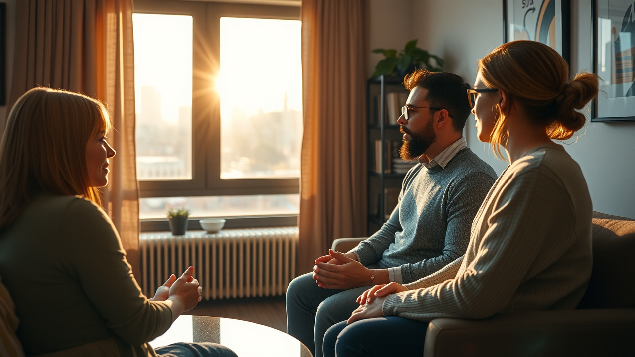 Warm, inviting Brooklyn therapist’s office interior for relationship therapist Brooklyn, couple counseling session, sunlit cityscape window view, natural and gentle ambiance