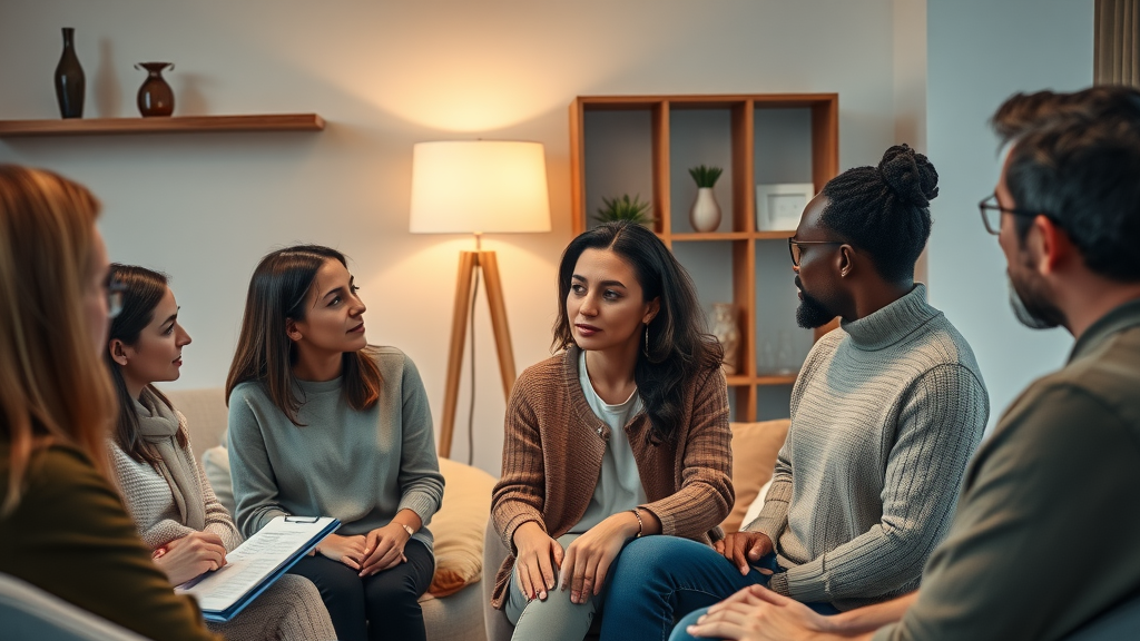 Eclectic counseling Brooklyn, diverse therapists collaborating in a therapy office, team supporting couples therapy and individual therapy for North Brooklyn residents, natural warm indoor lighting