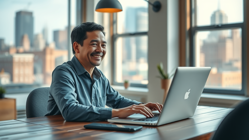 Telehealth therapy session in Brooklyn, individual engaged with relationship therapist Brooklyn via laptop, loft apartment with cityscape, flexible virtual therapy option