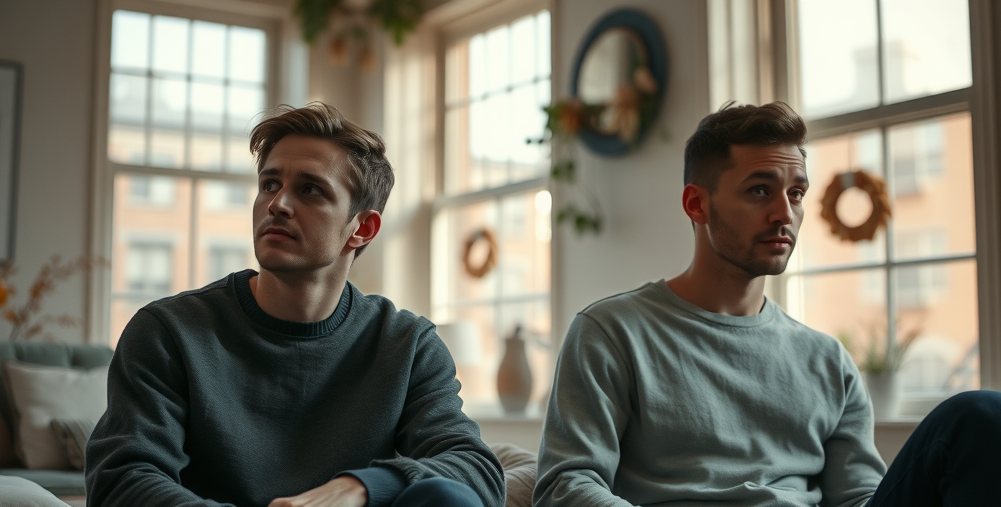 Reflective individuals and couples considering relationship therapist Brooklyn, autumnal Brooklyn apartment, emotional contemplation and connection, gentle morning light