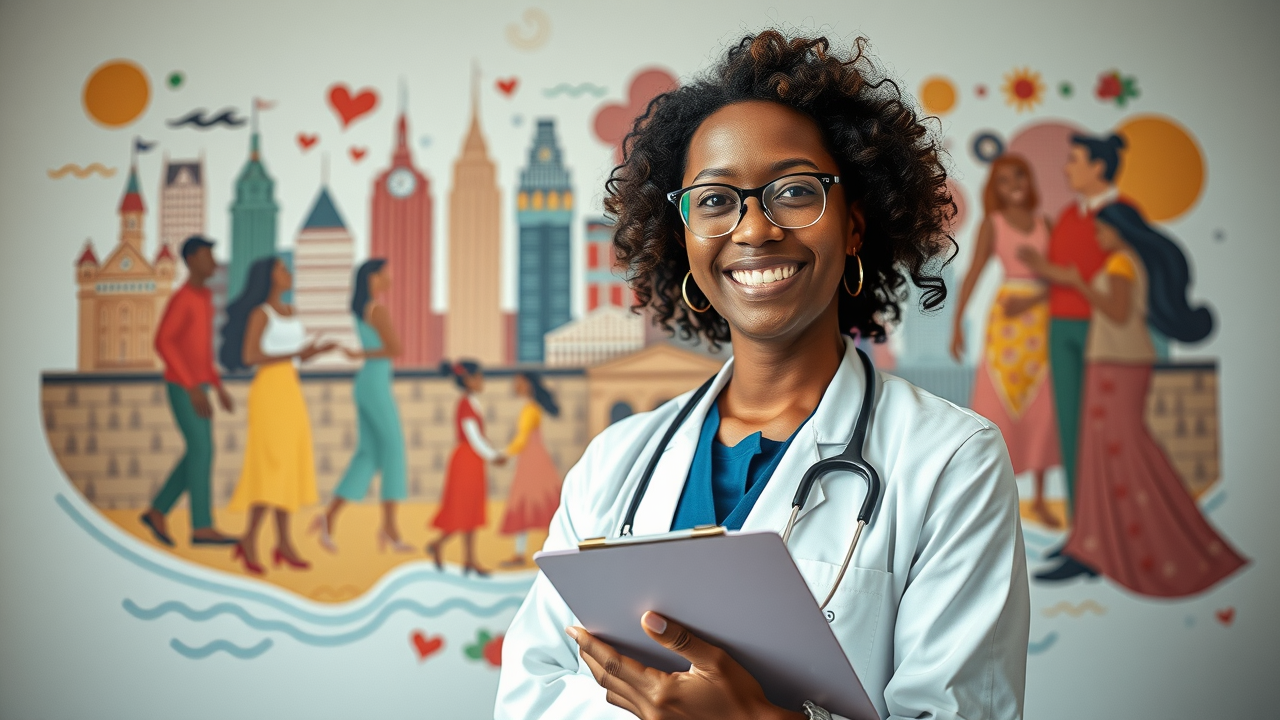 Inclusive and knowledgeable relationship therapist Brooklyn, welcoming with clipboard, abstract Brooklyn map, culturally diverse couples, supportive counseling setting