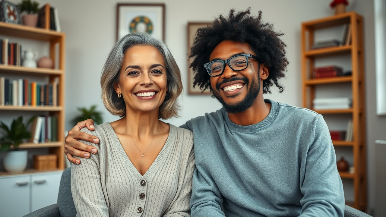 Optimistic diverse couple smiling and holding hands in a cozy therapist office - couples therapy benefits