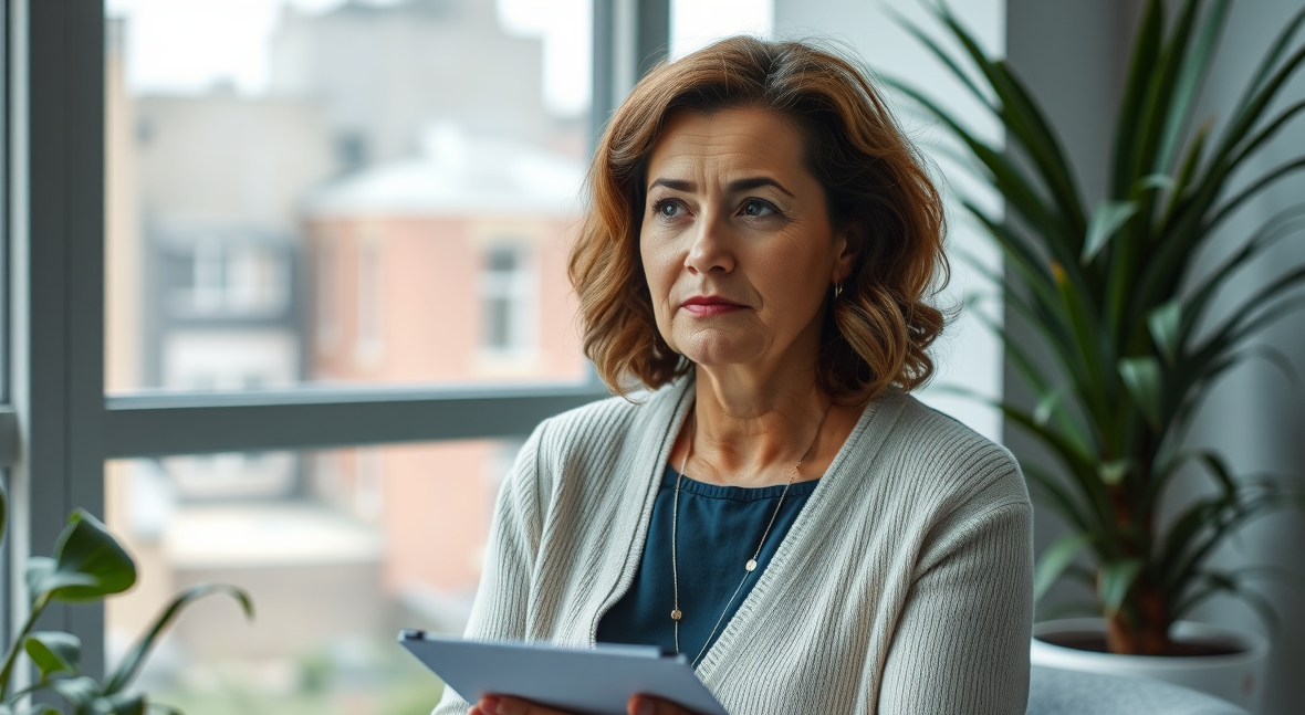 Thoughtful young therapist listening attentively in a modern Brooklyn office - couple therapy session