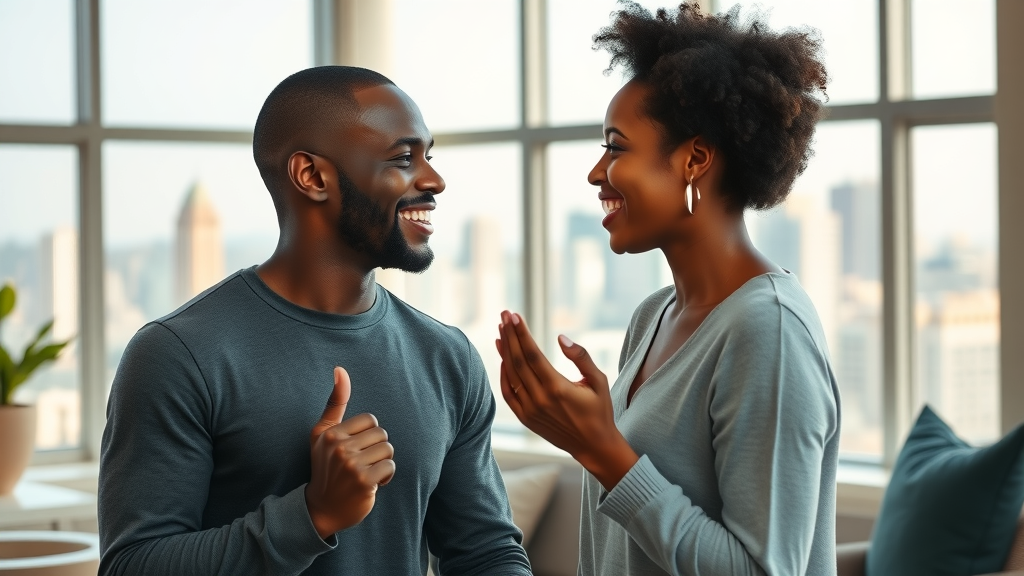 Happy interracial couple laughing and communicating openly at home - communication skills in couples therapy