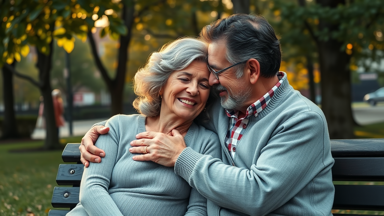 Affectionate mature couple embracing in a Brooklyn park - relationship satisfaction through couples therapy