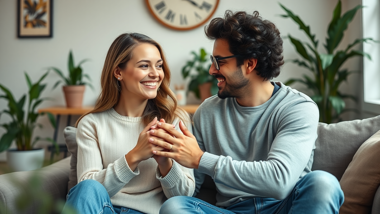 Supportive couple in a Brooklyn couples therapy session, holding hands in cozy living room with plants and natural light