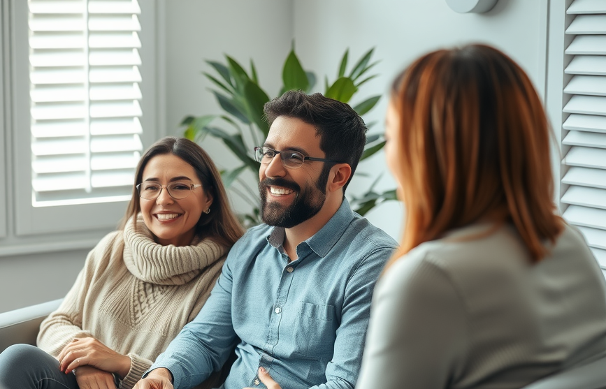 Friendly Brooklyn therapist welcoming diverse couple into calming therapy office
