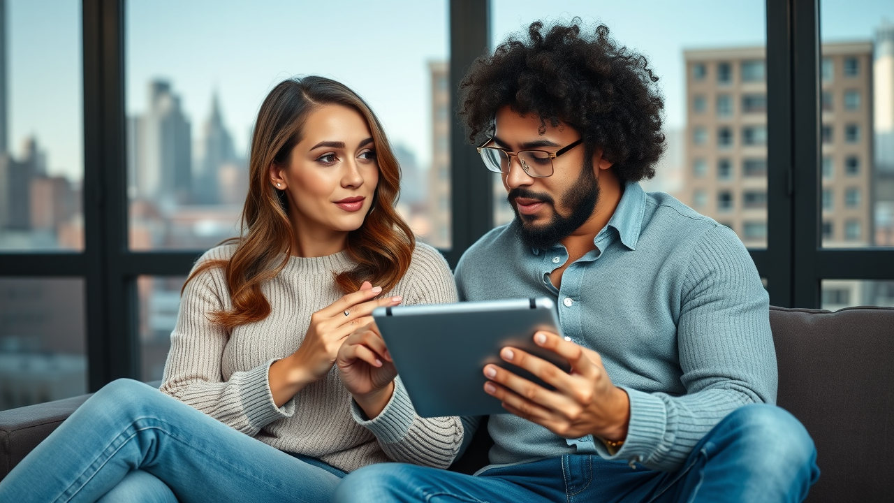 Contemporary couple in telehealth Brooklyn couples therapy session with digital tablet in stylish Brooklyn apartment