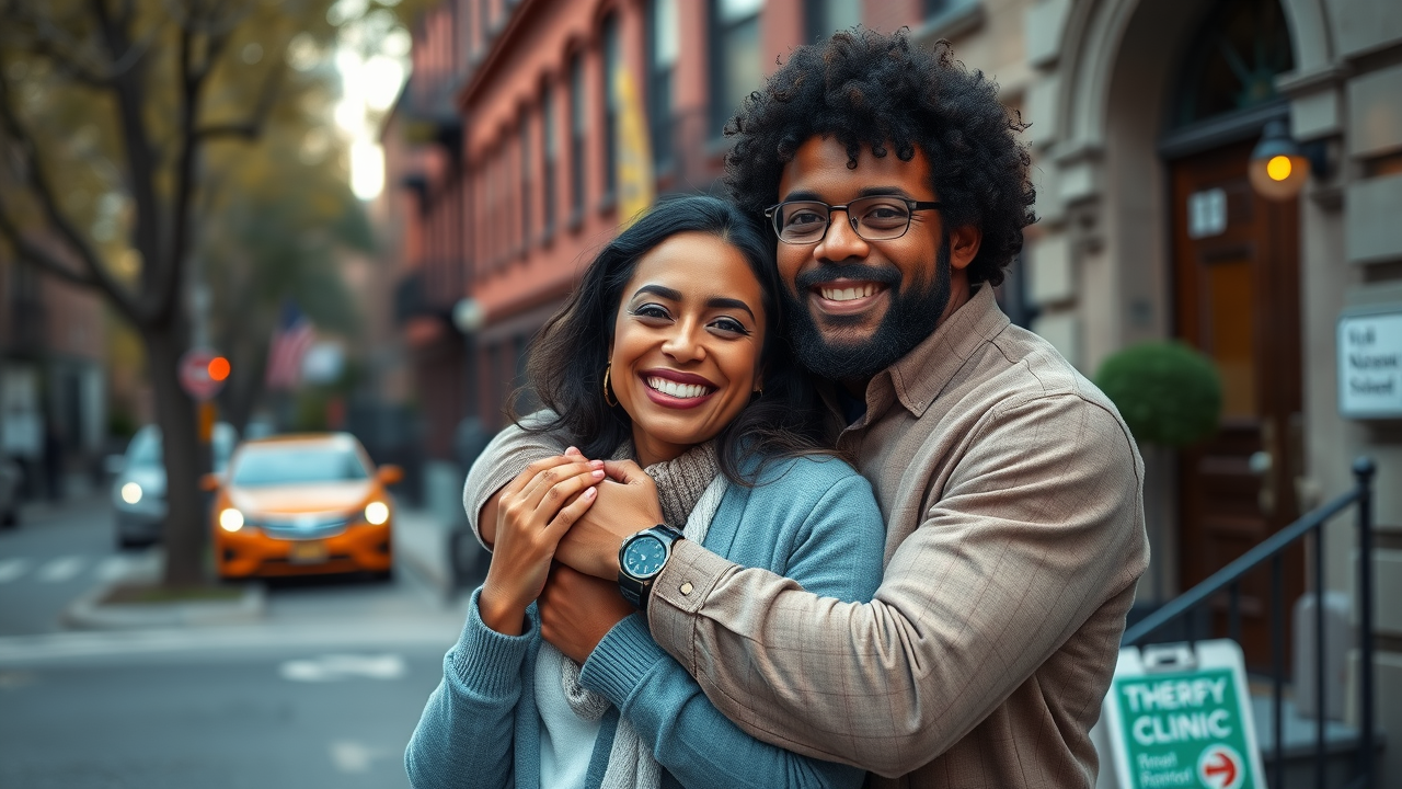 Relaxed couple embracing and smiling outside Brooklyn brownstone clinic after couples therapy session