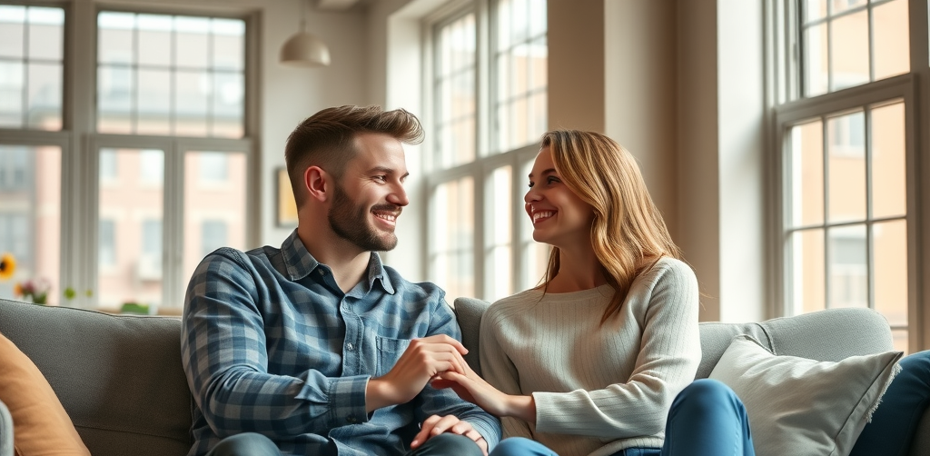premarital counseling brooklyn heartfelt young couple sitting closely, smiling gently in a bright cozy Brooklyn apartment with large windows, holding hands, soft natural light