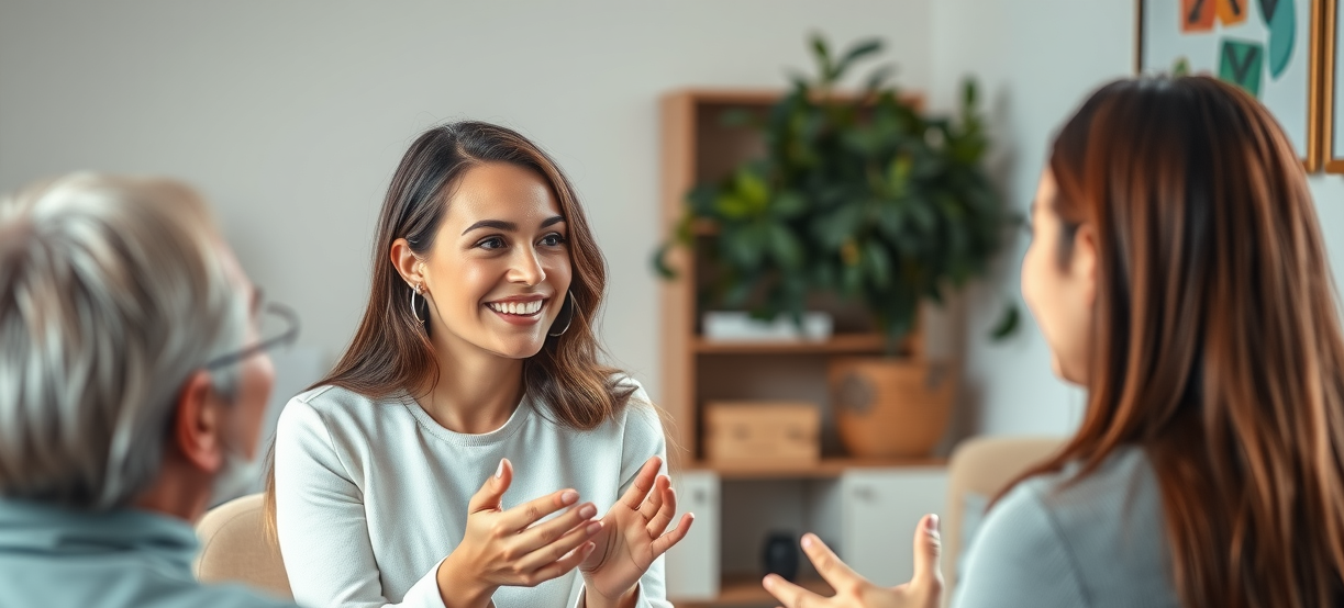 Brooklyn therapy office with professional therapist guiding couple through counseling, modern office setting, warm tones, soft daylight