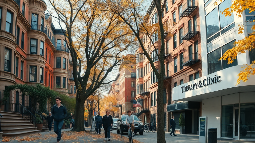 vibrant Brooklyn neighborhoods cityscape, with brownstone streets and modern therapy clinic facades, people on sidewalks in early autumn
