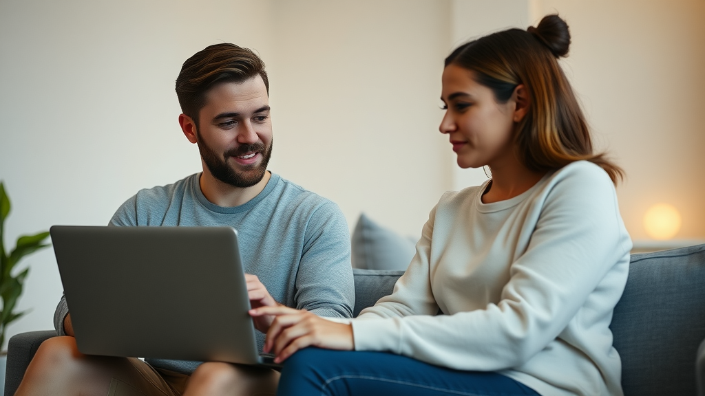 focused couple participating in a virtual premarital counseling session on laptop, modern Brooklyn apartment, minimal background, soft light