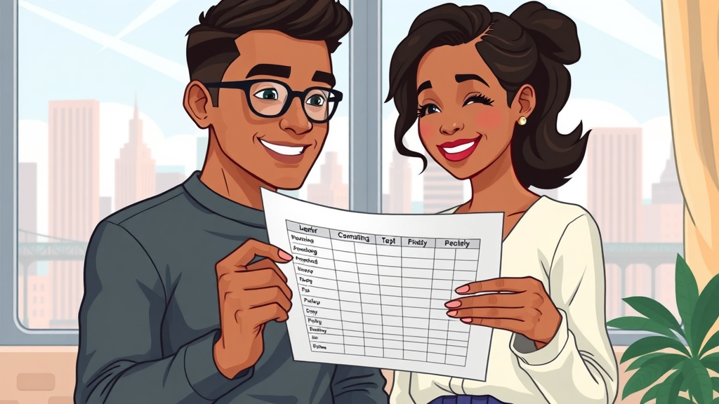 diverse couple reviewing a counseling progress chart with Brooklyn skyline, illustrated comic panel style