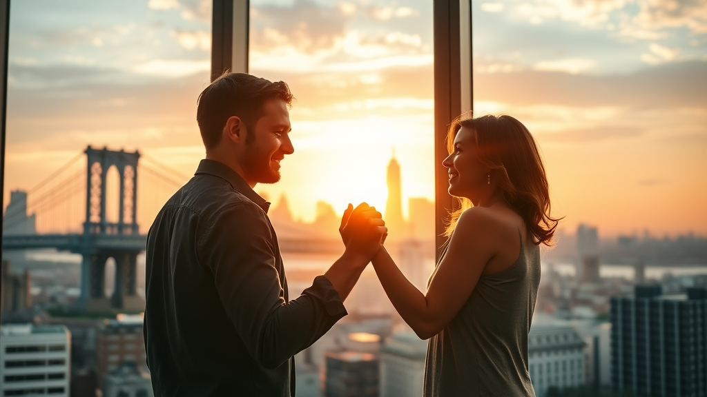 hopeful couple holding hands, celebrating success near window with Brooklyn Bridge sunset in background, tranquil and uplifting