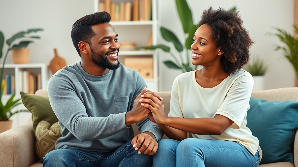 Couples therapy techniques – Warm diverse couple holding hands in therapy office, smiling at each other