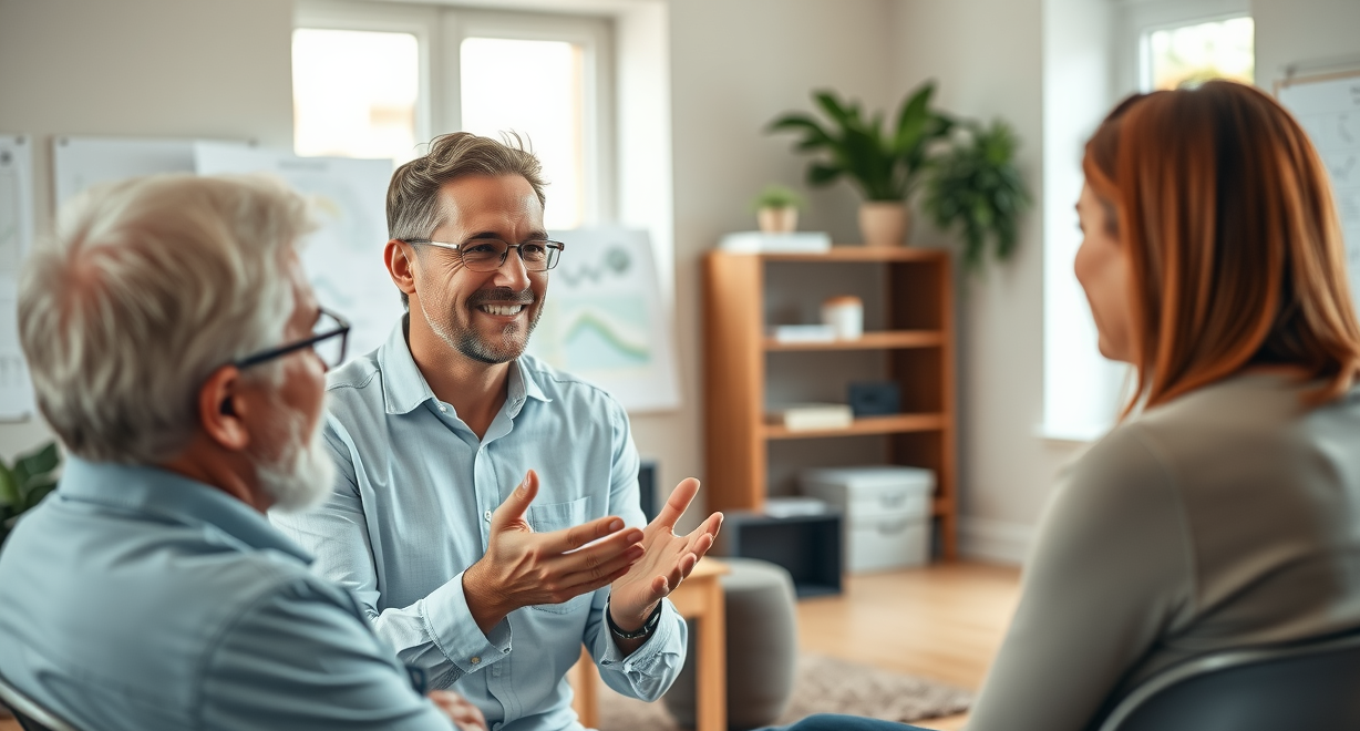 Gottman Method therapist explaining couples therapy techniques in a bright office in Brooklyn