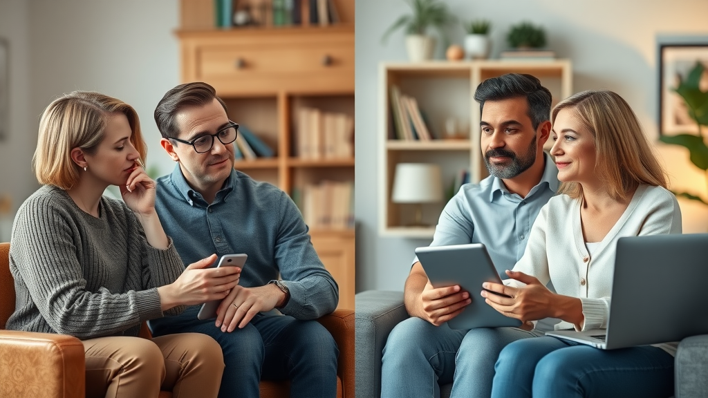 Couple in traditional couples therapy setting contrasted with telehealth couples counseling