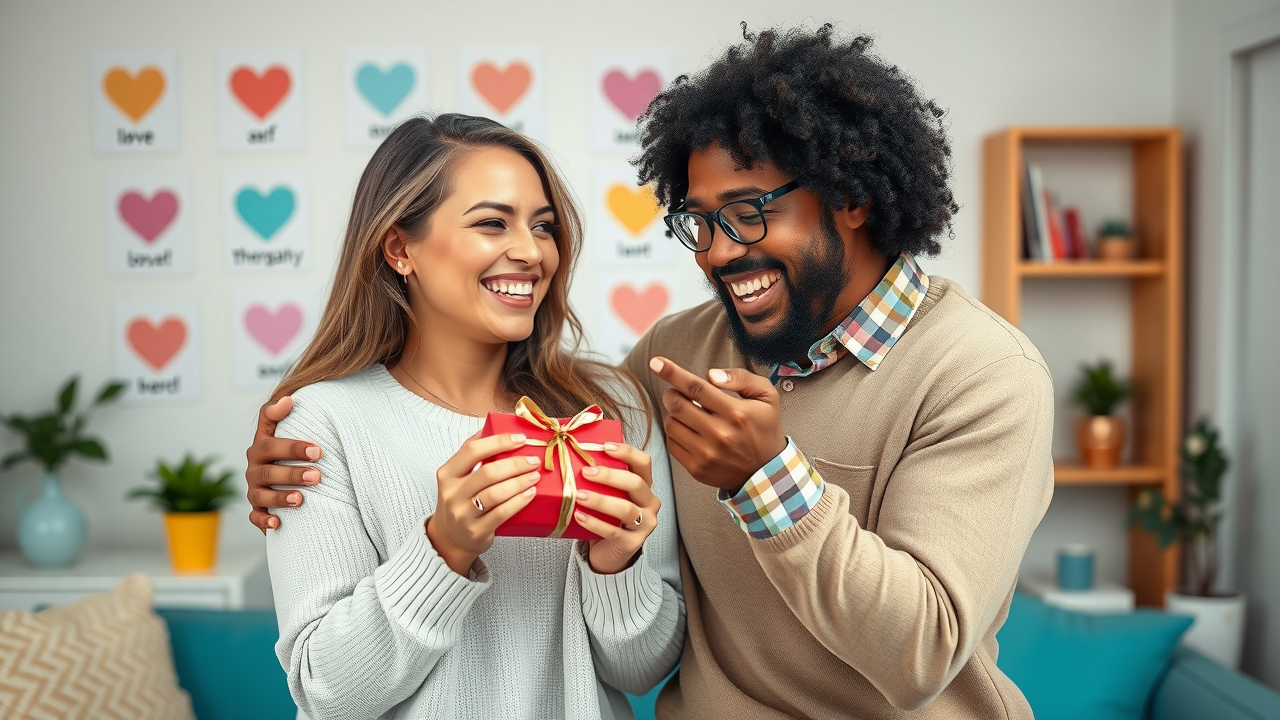 Couple expressing love through gifts, touch, and words in a therapy session using love languages
