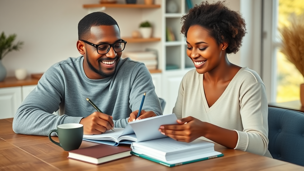 Cheerful couple working through a couples therapy workbook together at home