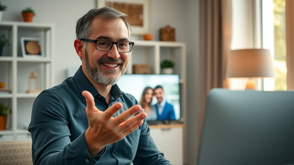 Welcoming couples therapist greeting a couple via telehealth video call for their first therapy session